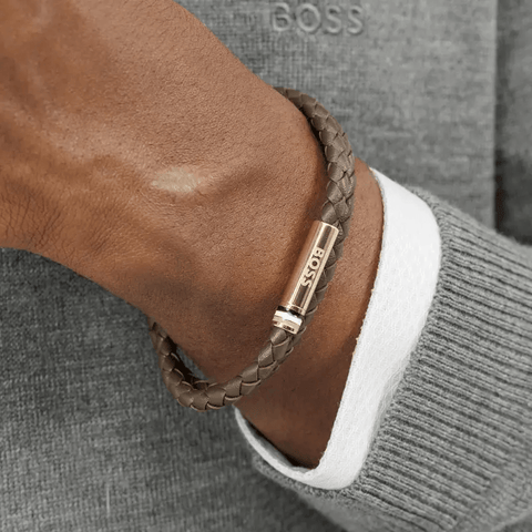 Hugo Boss Jewellery Men's Ares Brown Leather & Gold Plated Steel Bracelet 1580670M