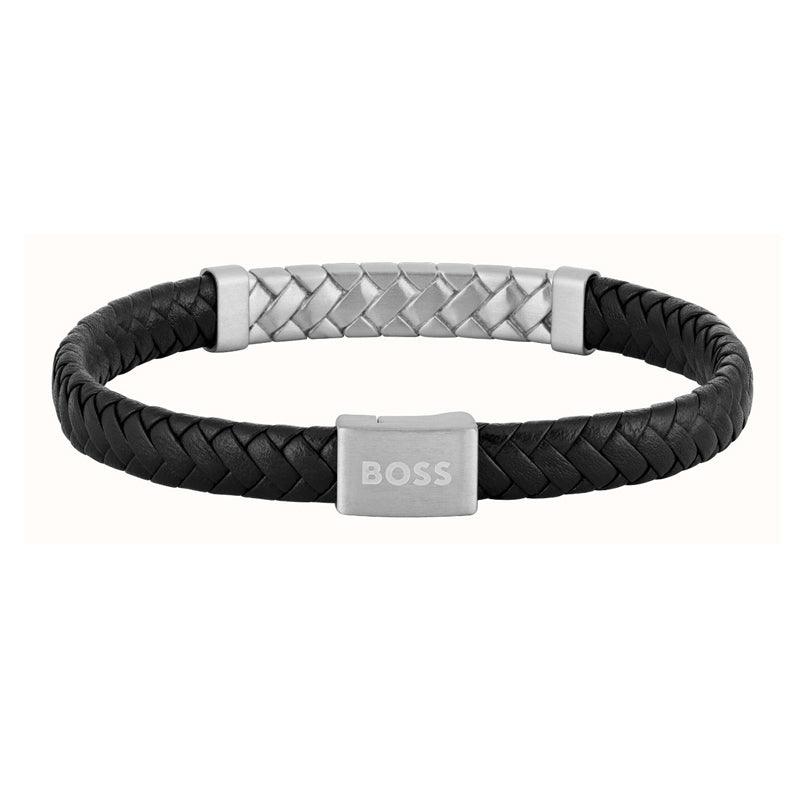 Hugo Boss Jewellery Men&#39;s Tailored Black Leather &amp; Steel Bracelet 1580674M