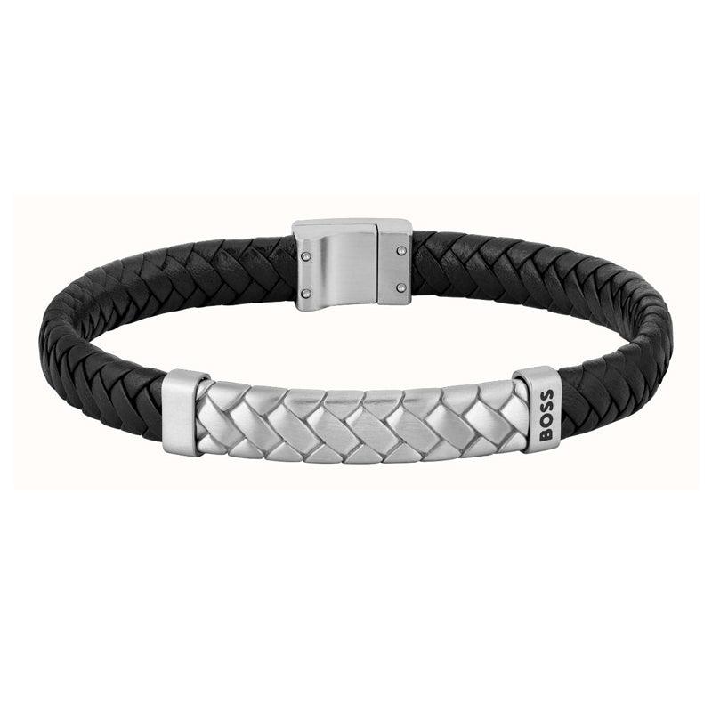 Hugo Boss Jewellery Men&#39;s Tailored Black Leather &amp; Steel Bracelet 1580674M