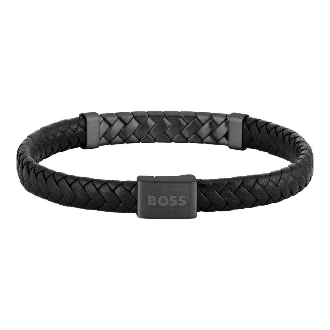 Hugo Boss Jewellery Men&#39;s Tailored Black Leather &amp; Steel Bracelet 1580676M