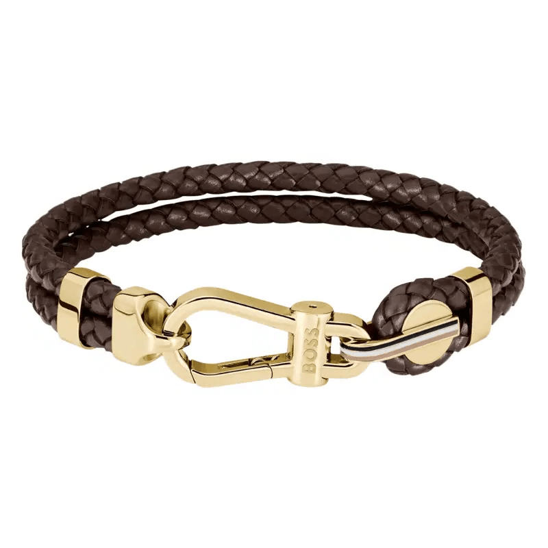 Hugo Boss Jewellery Men&#39;s Ares Prime Bracelet Brown Leather &amp; Gold Steel 1580700M