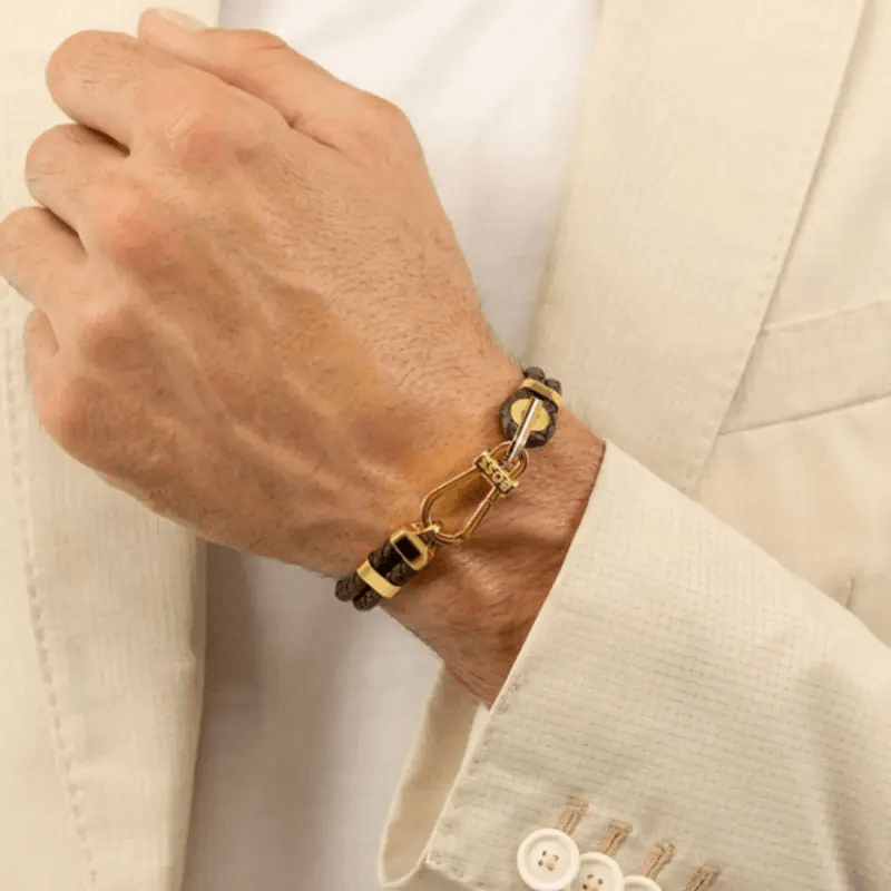 Hugo Boss Jewellery Men&#39;s Ares Prime Bracelet Brown Leather &amp; Gold Steel 1580700M