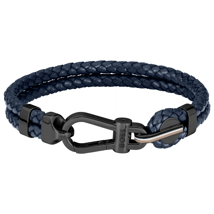 Hugo Boss Jewellery Men&#39;s Ares Blue Leather &amp; Black Steel Bracelet 1580701M