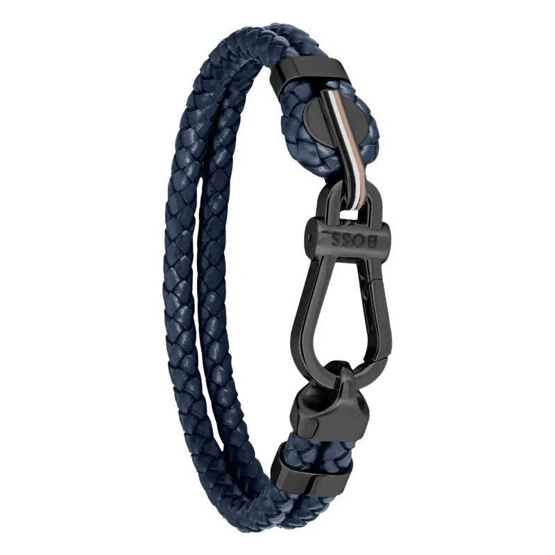 Hugo Boss Jewellery Men&#39;s Ares Blue Leather &amp; Black Steel Bracelet 1580701M