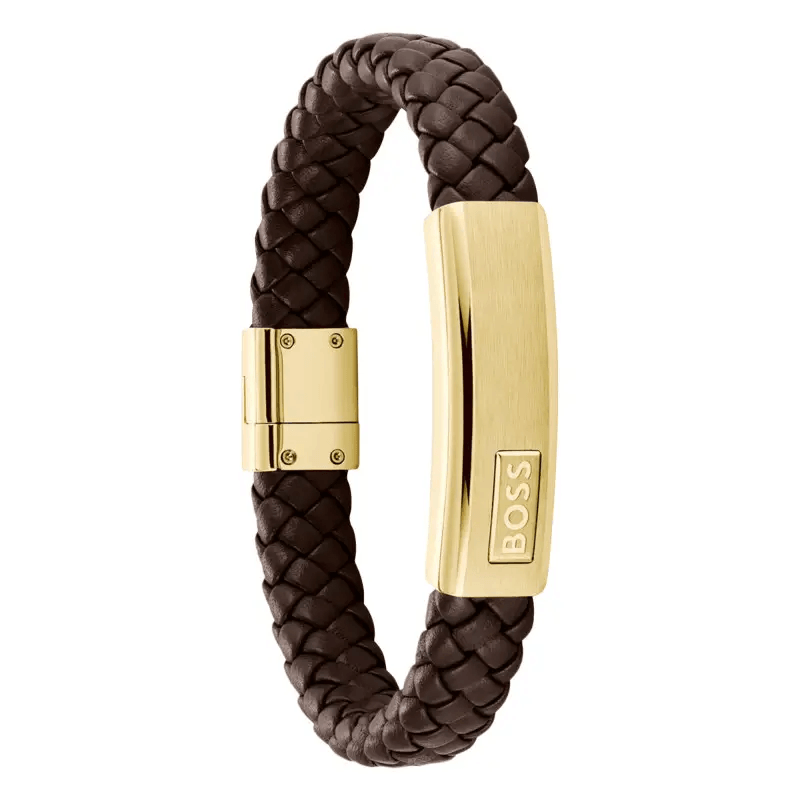 Hugo Boss Jewellery Men&#39;s Lander Brown Leather &amp; Gold Steel Bracelet 1580746M