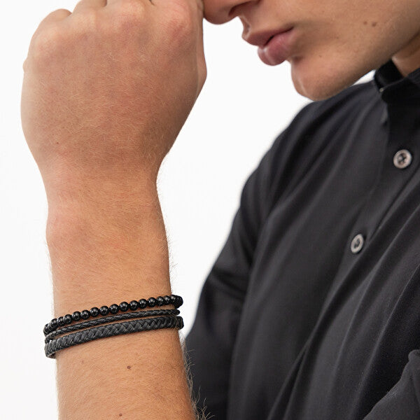 Hugo Boss Jewellery Men&#39;s Cuff with Tiger Beads and Braided Black leather