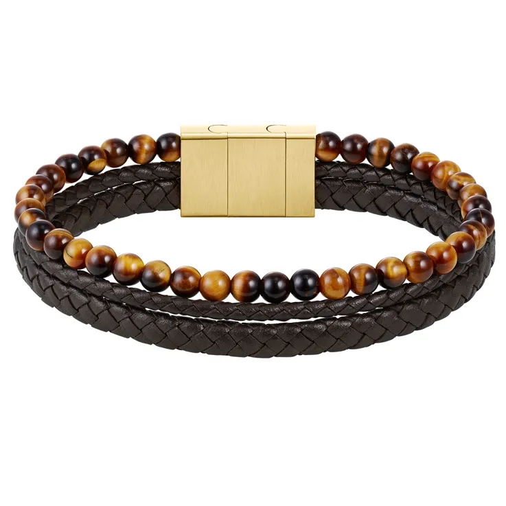 Hugo Boss Jewellery Men&#39;s Tiger Beads and Braided Brown Leather Bracelet 1580787