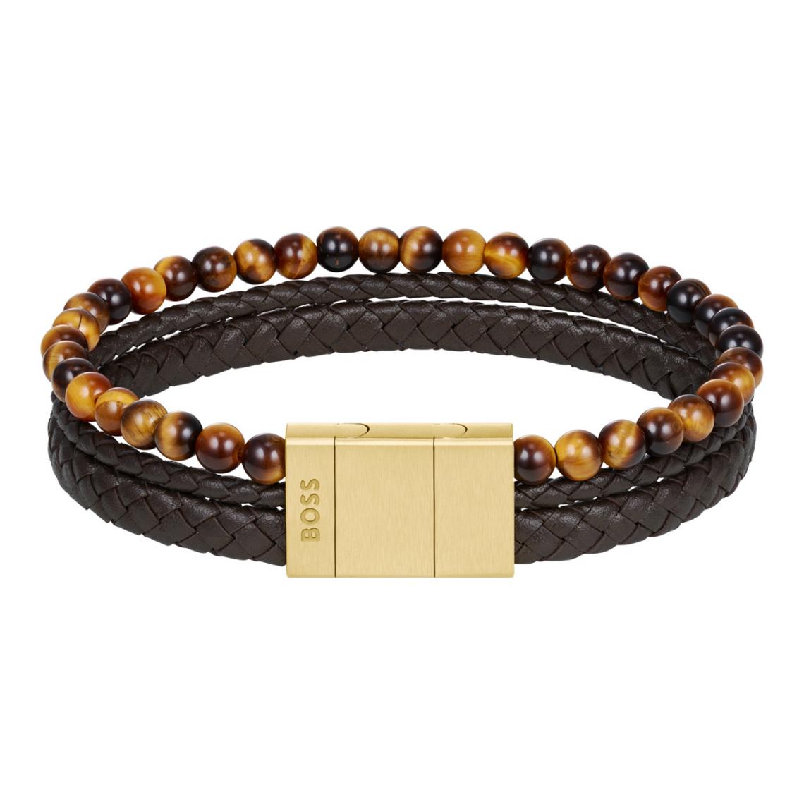 Hugo Boss Jewellery Men&#39;s Tiger Beads and Braided Brown Leather Bracelet 1580787