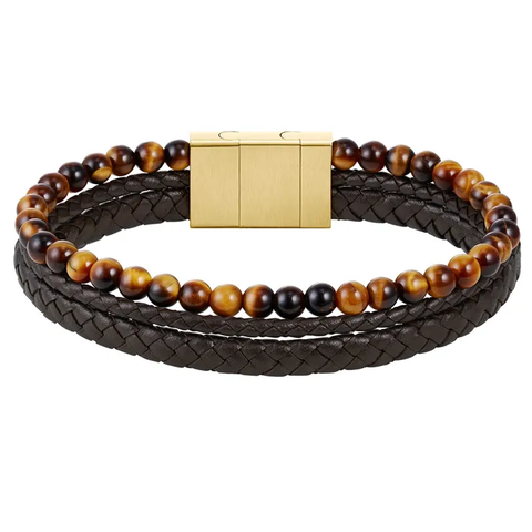 Hugo Boss Jewellery Men's Tiger Beads and Braided Brown Leather Bracelet 1580787