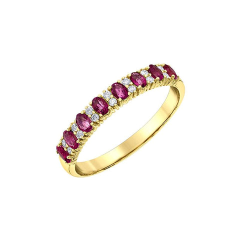 10K Yellow Gold 3X2mm Rubies and 0.08 TDW Diamond Ring