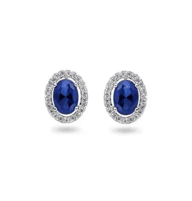 0.21TDW Diamond &amp; 2.5X3MM Oval Sapphire Halo Earrings in 10K White Gold