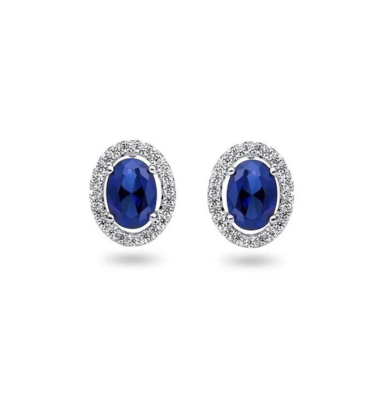 0.21TDW Diamond & 2.5X3MM Oval Sapphire Halo Earrings in 10K White Gold