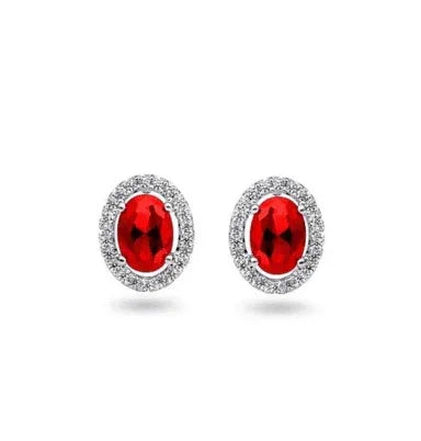 0.21TDW Diamond &amp; 2.5X3MM Oval Ruby Halo Earrings in 10K White Gold