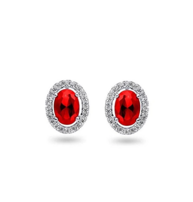 0.21TDW Diamond & 2.5X3MM Oval Ruby Halo Earrings in 10K White Gold