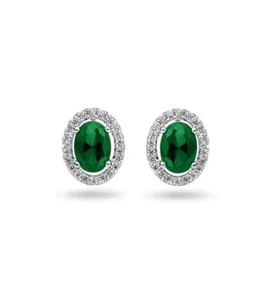 10K White Gold 0.21TDW Diamond &amp; 2.5X3MM Oval Emerald Halo Earrings