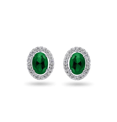 10K White Gold 0.21TDW Diamond & 2.5X3MM Oval Emerald Halo Earrings