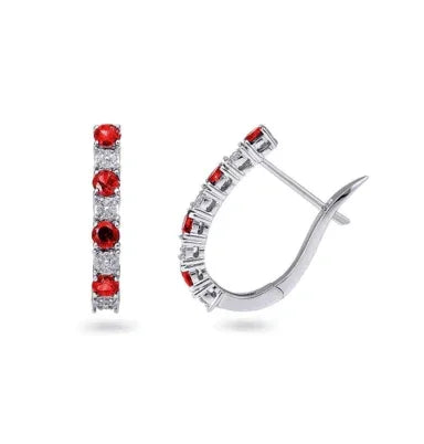 0.08TDW Diamond &amp; Ruby Hoop Earrings in 10K White Gold