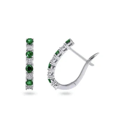 10K White Gold Emerald &amp; 0.08TDW Diamond Hoop Earrings