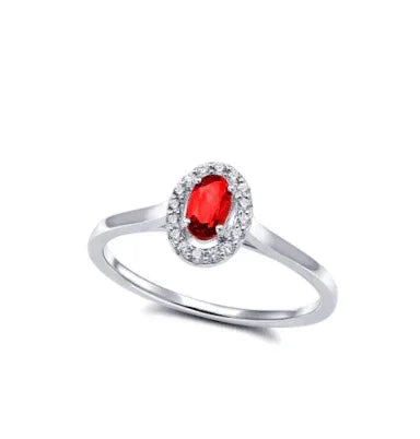 10K White Gold Oval Ruby &amp; 0.10TDW Diamond Halo Ring