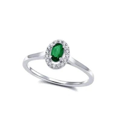 10K White Gold Oval Emerald &amp; 0.10TDW Diamond Halo Ring
