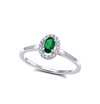 10K White Gold Oval Emerald & 0.10TDW Diamond Halo Ring