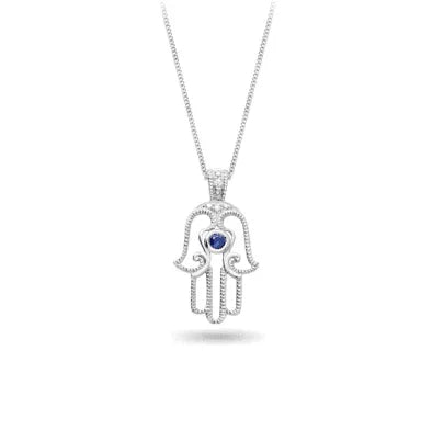 0.01TDW Diamond and 2.5mm Sapphire Hamsa Pendant in 10K White Gold
