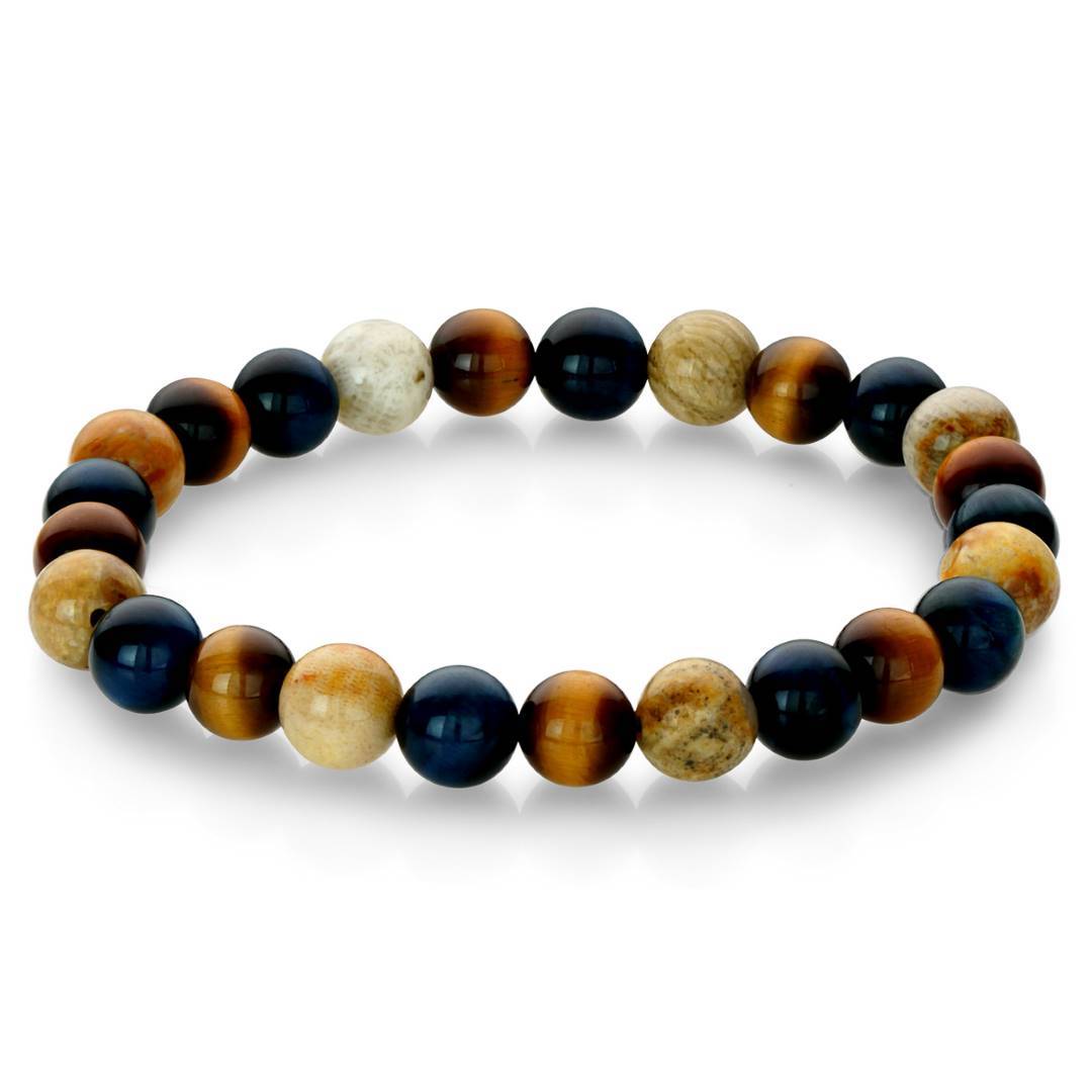 Brown &amp; Blue Tiger’s Eye Chrysanthemum 8mm Beaded Bracelet