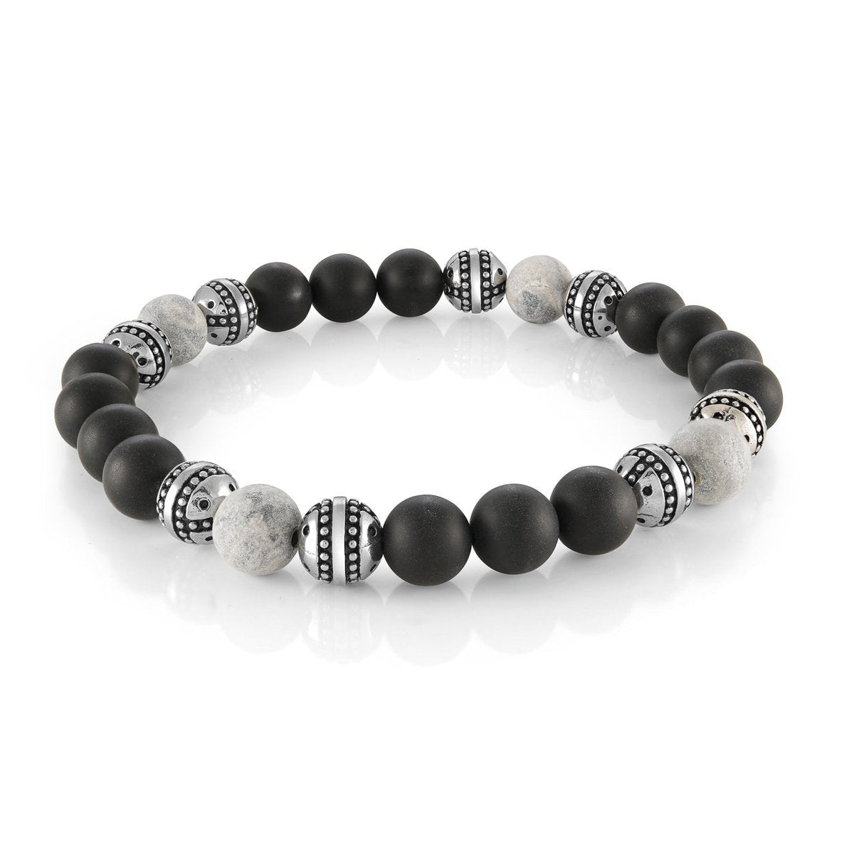Stainless Steel Beaded Grey Stone &amp; Matte Onyx 8.2" Bracelet