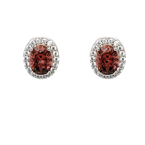 October Birthstone Pink Tourmaline Color CZ Oval Earrings in Sterling Silver