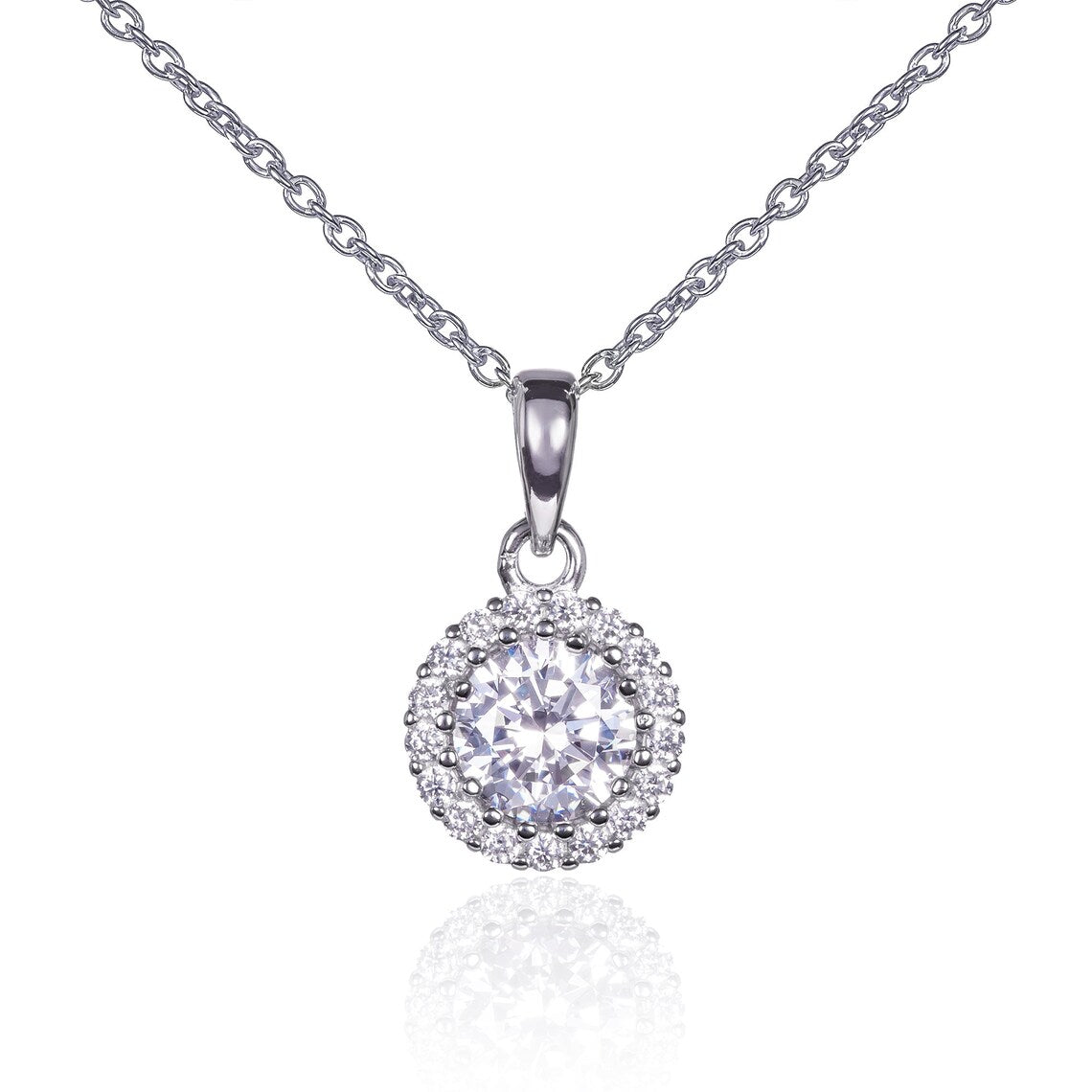 Sterling Silver White Gold Plated CZ Round Halo Pendant