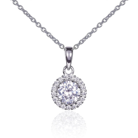 Sterling Silver White Gold Plated CZ Round Halo Pendant