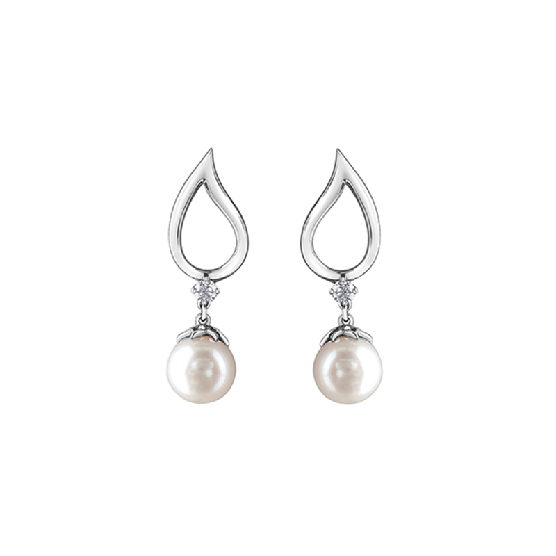 10K White Gold 6.5MM Pearl &amp; 0.08TDW Diamond Dangle Earrings