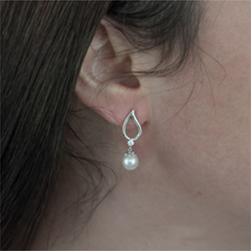 10K White Gold 6.5MM Pearl &amp; 0.08TDW Diamond Dangle Earrings