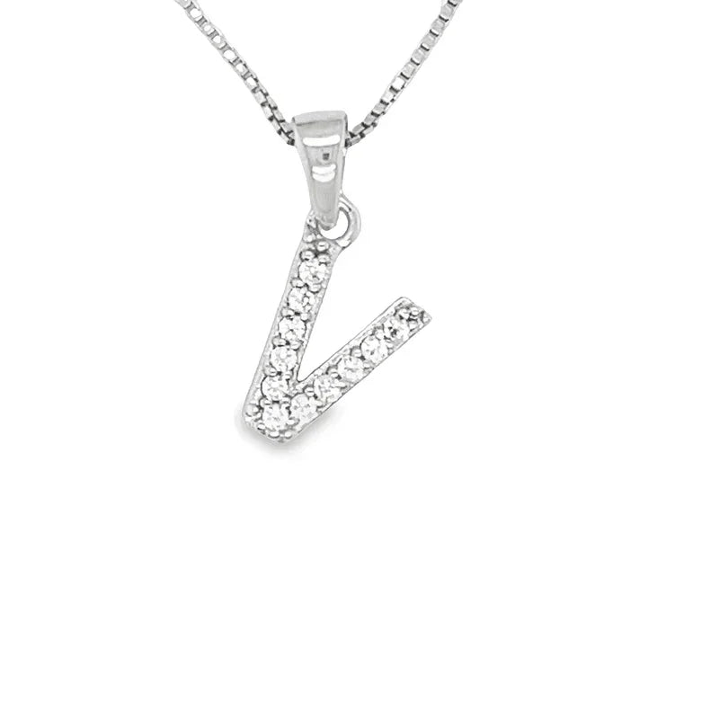 Cubic Zirconia Initial Letter V Pendant in Sterling Silver