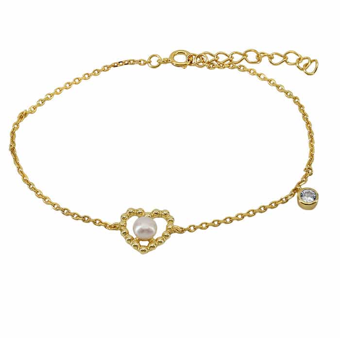 Sterling Silver Gold Plated CZ &amp; Pearl Heart 7.5" Bracelet