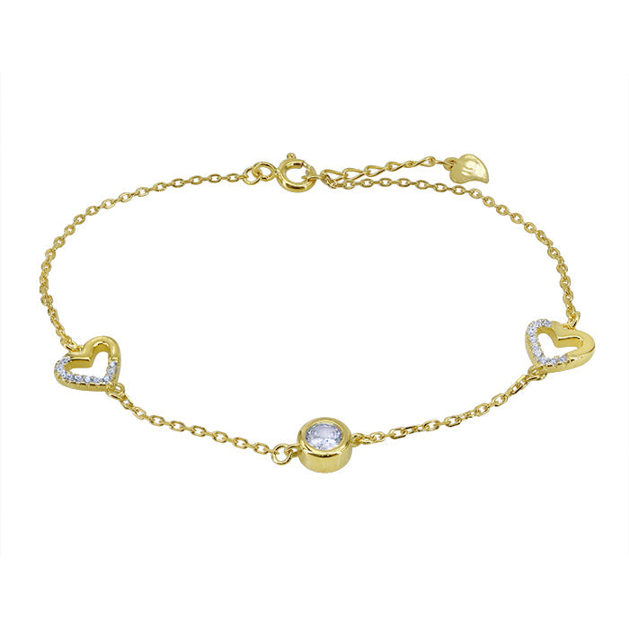 Gold Plated CZ Heart Bracelet in Sterling Silver 