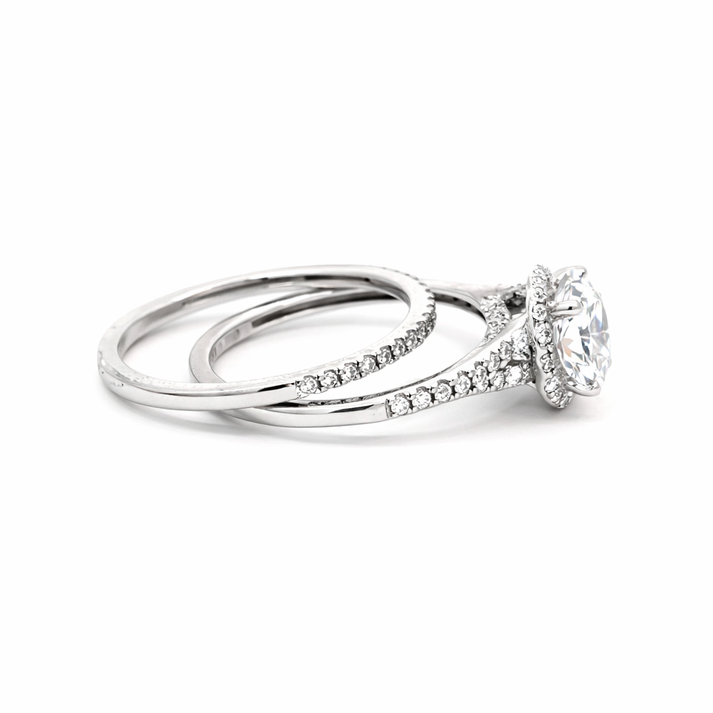 1.42 TDW Lab-Grown Diamond Halo Engagement Ring Set with 10K White Gold