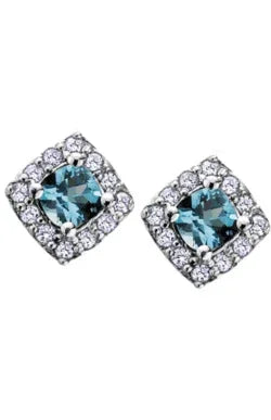 10k White Gold Blue Topaz and Diamond Halo Earrings