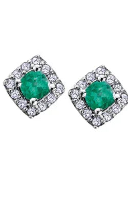 10k White Gold Emerald and Diamond Halo Earrings
