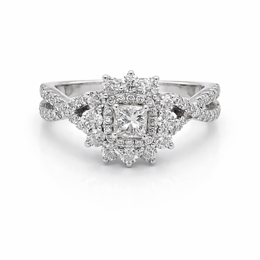 14 Karat White Gold 1.00tdw Princess Cut Solitaire With Halo Side Diamond Engagement Ring