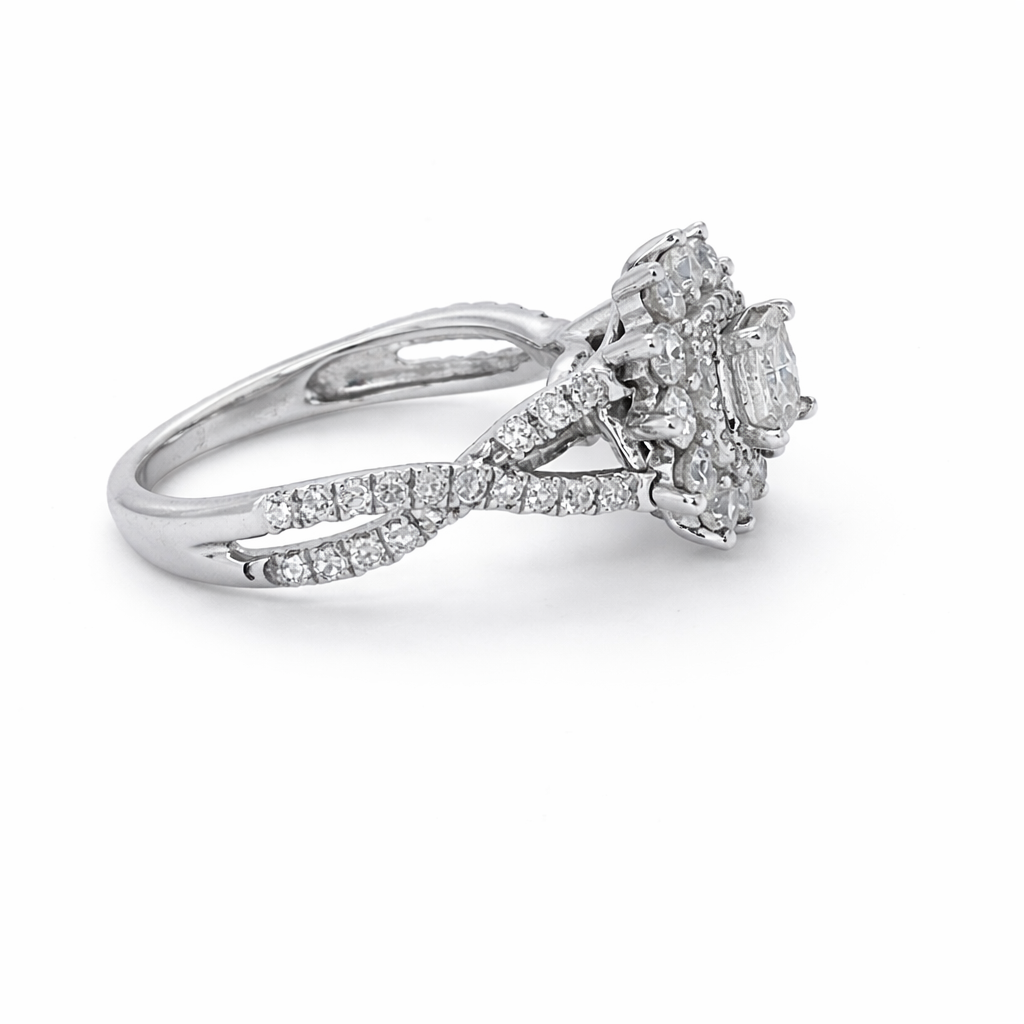 14 Karat White Gold 1.00tdw Princess Cut Solitaire With Halo Side Diamond Engagement Ring
