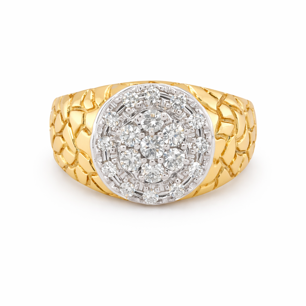 14K Yellow Gold 1.00TDW Diamond Nugget Style Men's Oval Head Ring