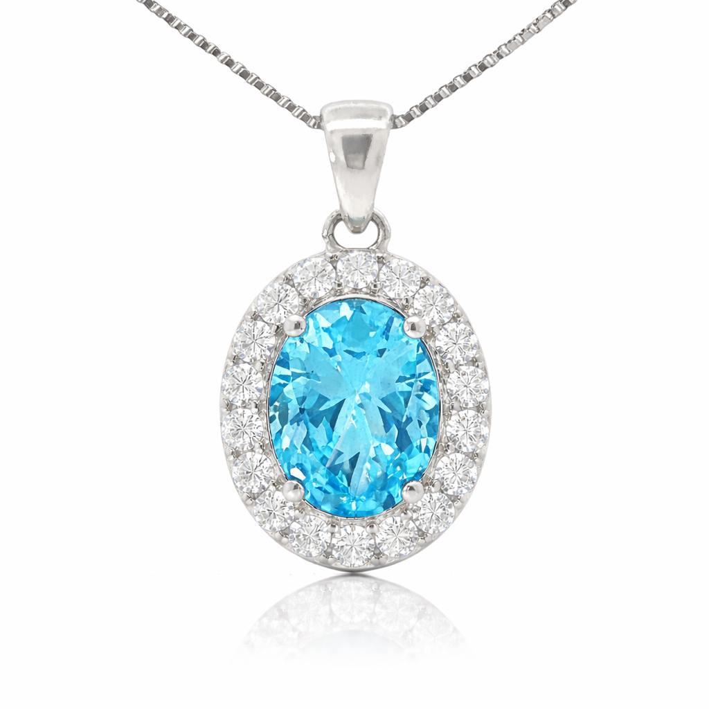March Birthstone Aquamarine Color CZ Pendant in Sterling Silver