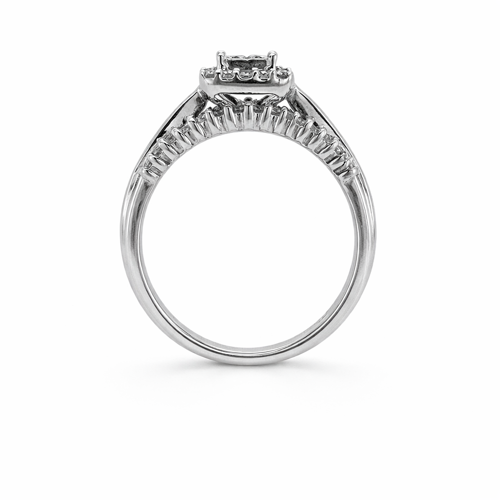 14K White Gold 1.00TDW Diamond Quad Princess Cut Halo Engagement Ring