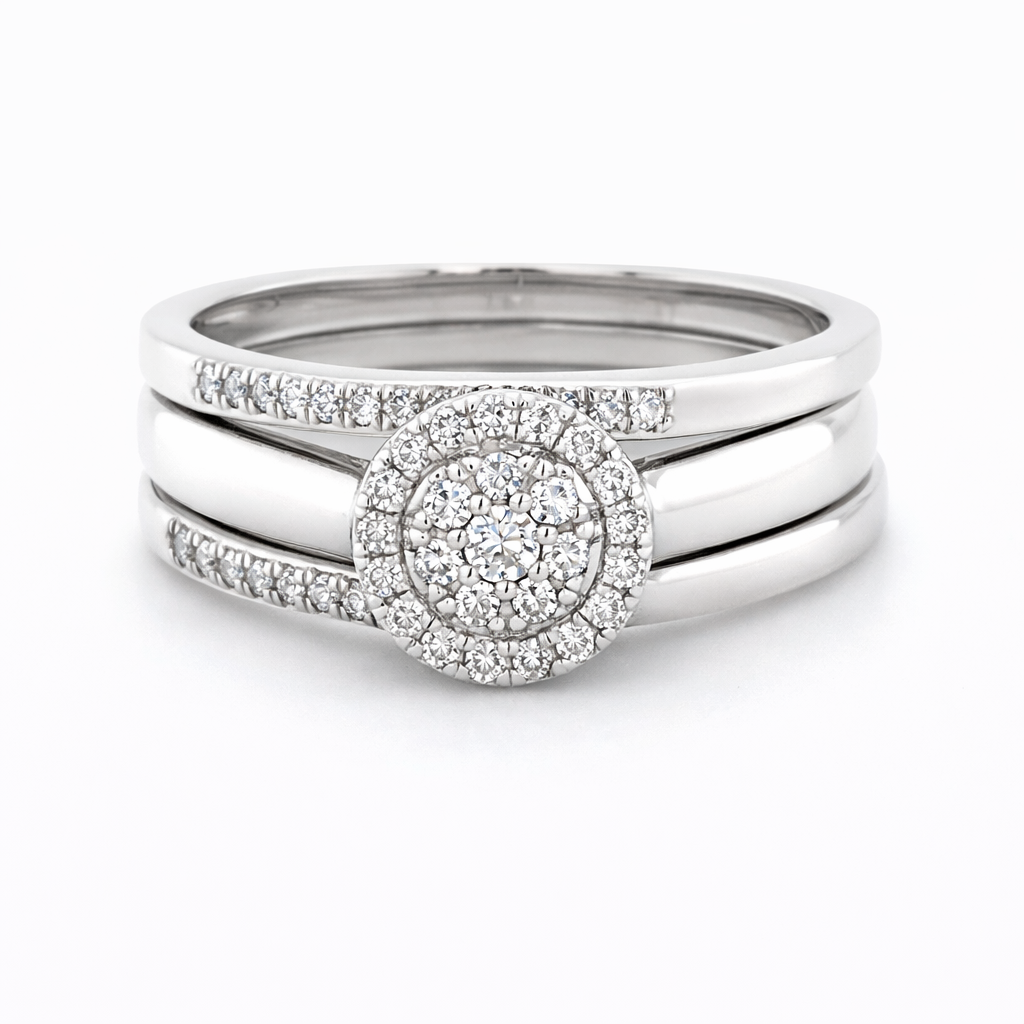 Sparkling 10K White Gold and 0.25TDW Diamond Bridal Set with Round Cluster