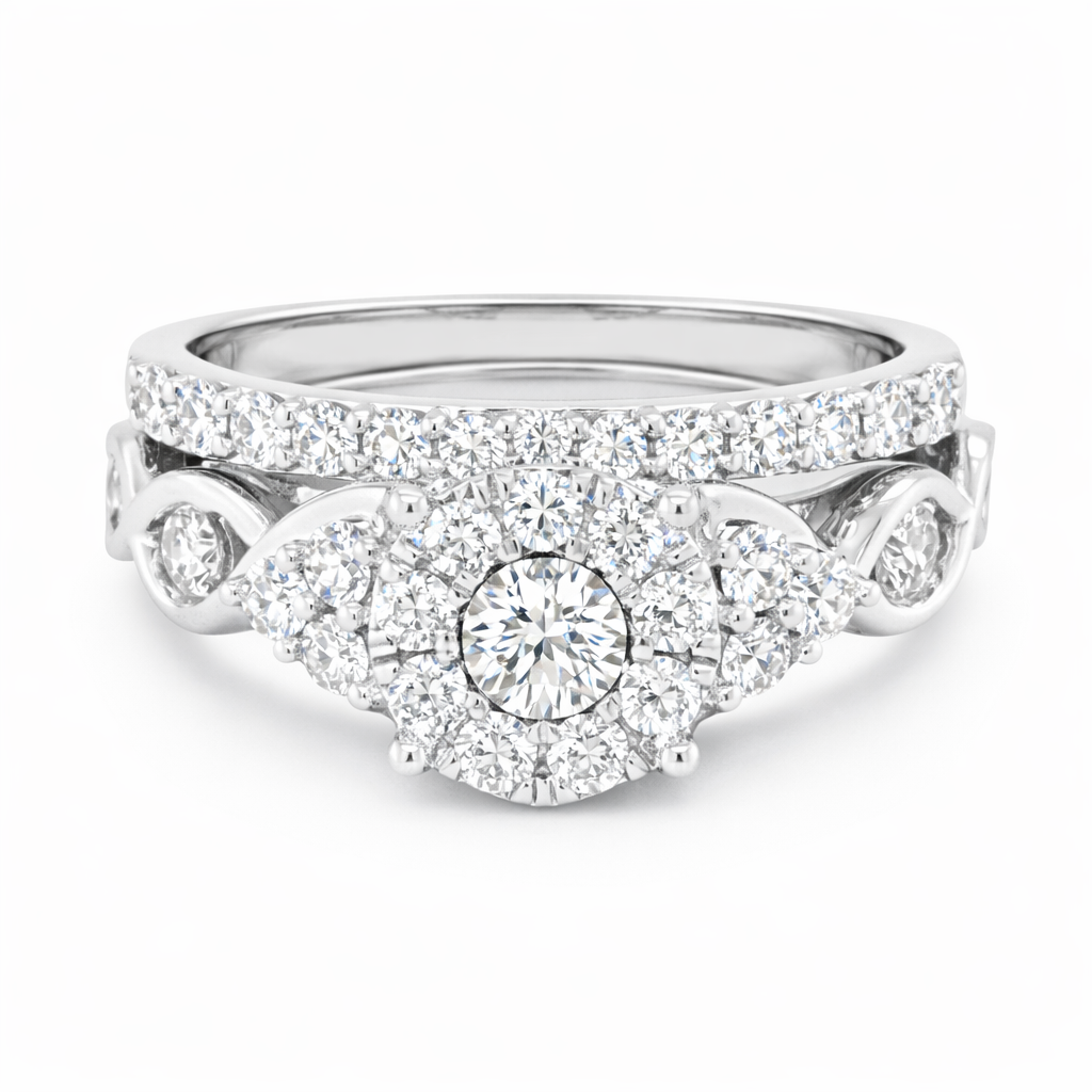 10K White Gold 1.00TDW Diamond Halo Imperial Illusion Head Wedding Set