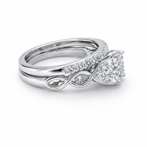 10K White Gold 1.00TDW Diamond Halo Imperial Illusion Head Wedding Set