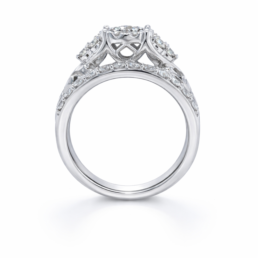 10K White Gold 1.00TDW Diamond Halo Imperial Illusion Head Wedding Set