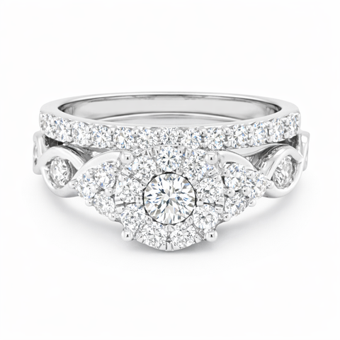 10K White Gold 1.00TDW Diamond Halo Imperial Illusion Head Wedding Set