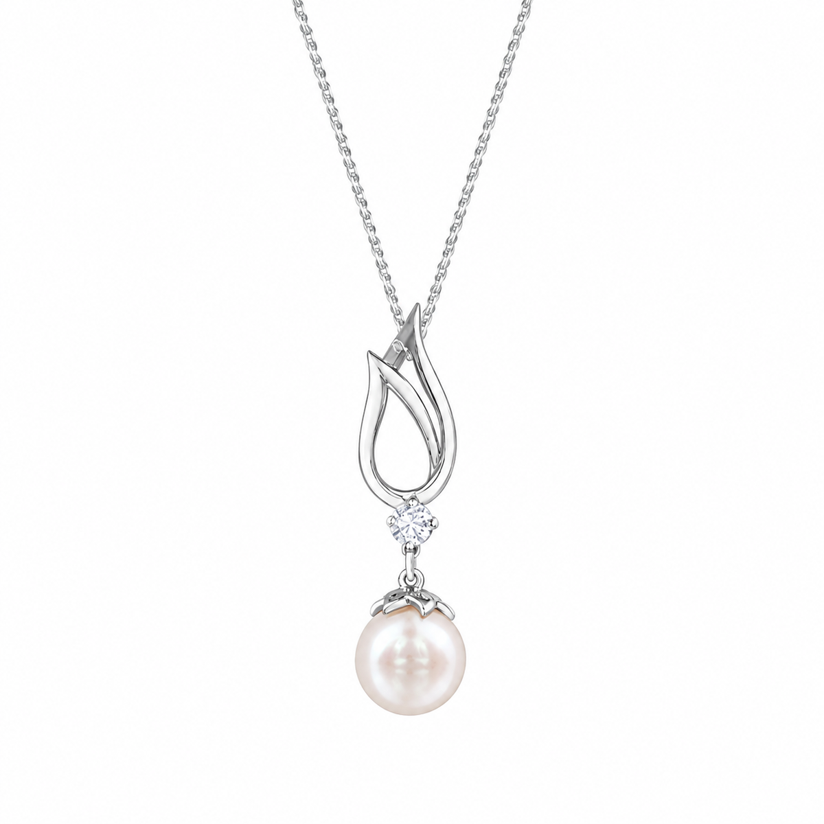10K White Gold 7MM Pearl and 0.08TDW Diamond Dangle Pendant